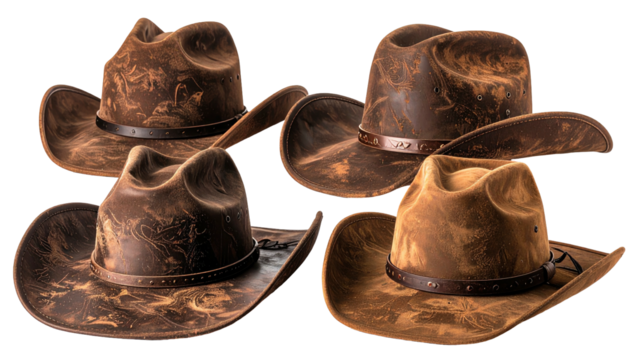 Four aged leather cowboy hats with brown bands, dim light