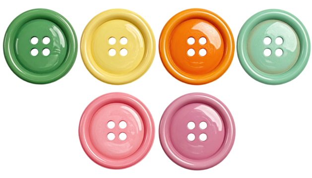 Seven colorful, plastic, four-holed buttons on a black background