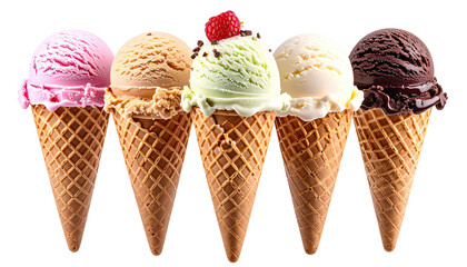 Five assorted ice cream cones, flavors vary, in a row