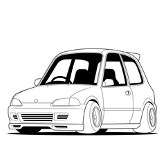 Fototapeta premium Line art illustration of a compact car with sporty stance and clean outlines, minimalist vector style, perfect for automotive design templates, coloring pages, or t-shirt graphics.