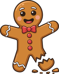 Obraz premium Smiling gingerbread man with a red bow tie stands while missing a leg piece and shows transparent background