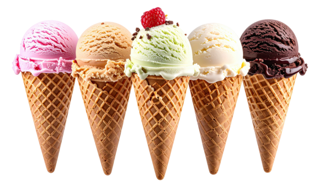 Five assorted ice cream cones, flavors vary, in a row