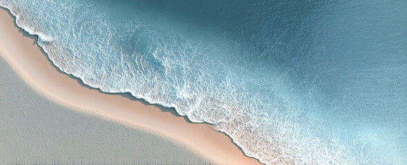 Fototapeta premium Aerial Minimal Coastline Where Sand Meets Sea, Crisp Wave Line and Soft Pastel Gradient – ideal for posters