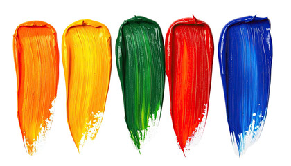 Five paint swatches in row orange, yellow, green, red, blue