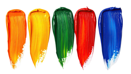 Five paint swatches in row orange, yellow, green, red, blue