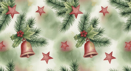 Christmas themed seamless pattern featuring Santa Claus, reindeer, snowflakes, Christmas trees, bells, gifts, and holly on a beige background.