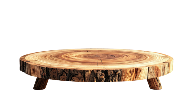 Wooden display platform, round with tree rings, dark background