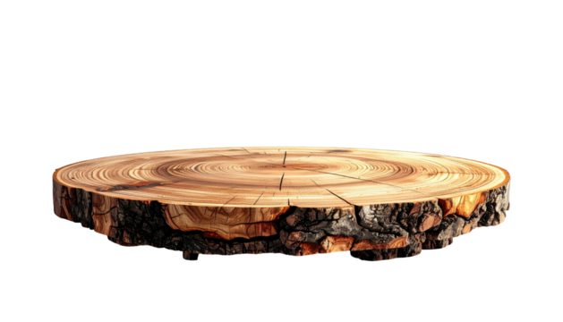 Wood round display, bark edge, tree rings on black background
