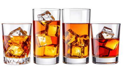 Four clear glasses with ice and brown liquor on a black background