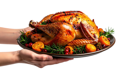 Cooked turkey held on platter, garnished, against black background