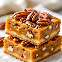 Pumpkin Pecan Magic Bars neatly stacked on a white parchment-lined plate