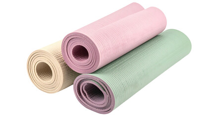 Rolled pastel yoga mats, pink, green, cream textured surface