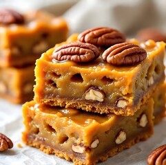 Pumpkin Pecan Magic Bars neatly stacked on a white parchment-lined plate