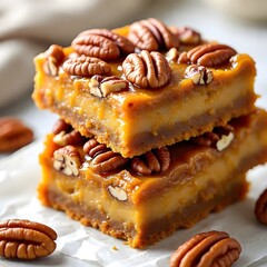 Pumpkin Pecan Magic Bars neatly stacked on a white parchment-lined plate