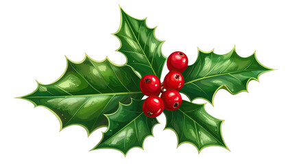 Holly leaves with clustered red berries isolated on black