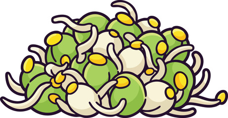 Sprouting Green Peas with Yellow Centers and White Roots on White Background Pixel Art Style
