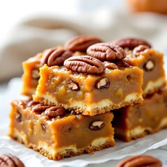 Pumpkin Pecan Magic Bars neatly stacked on a white parchment-lined plate