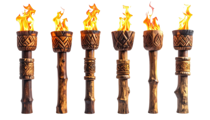 Row of lit, intricately carved wooden torches