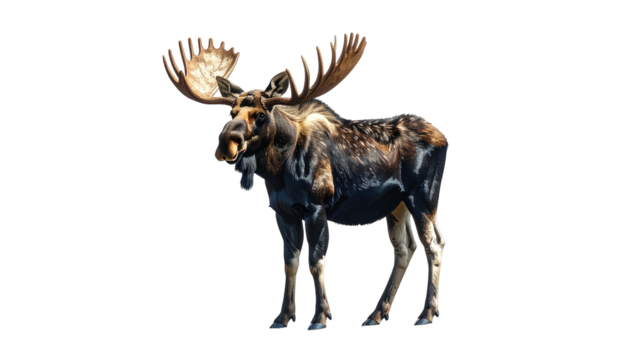 Solitary bull moose stands, majestic antlers prominently displayed