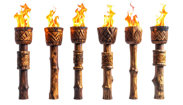Row of lit, intricately carved wooden torches