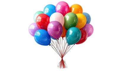 Multicolored, inflated balloons with attached shiny strings