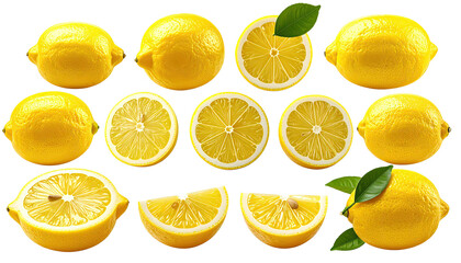 Group of ripe lemons, whole and sliced, on a black background