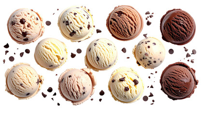 Scoops of various ice cream flavors with chocolate chips