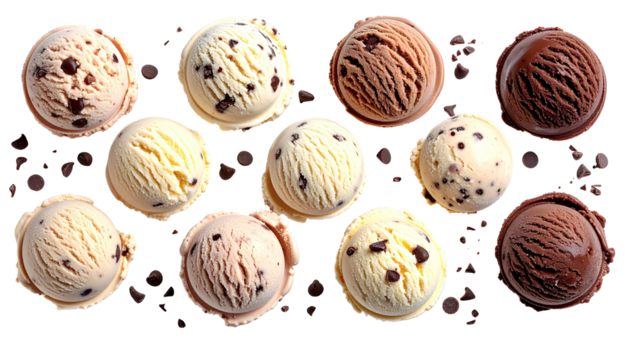 Scoops of various ice cream flavors with chocolate chips