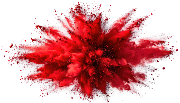 Explosive red dust cloud, vibrant, burst, on a black backdrop