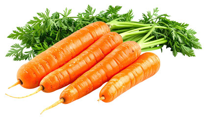 Four bright orange carrots bundled together with fresh green tops