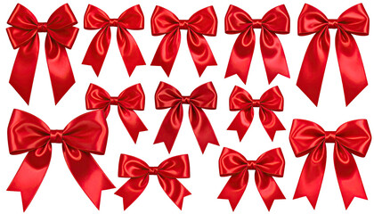 Red satin bows in varying sizes, clustered on black
