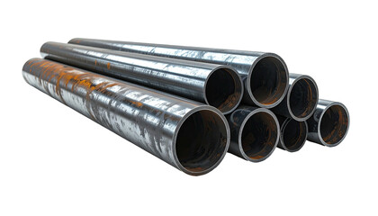 Stacked, rusty metal pipes against a dark background