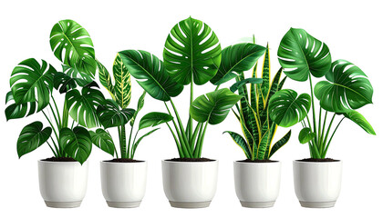 Five potted green plants in white pots against a black background