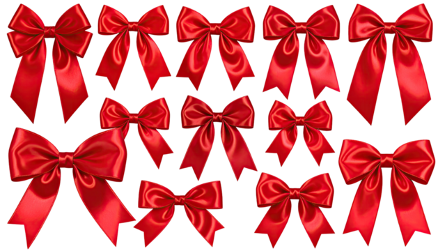 Red satin bows in varying sizes, clustered on black