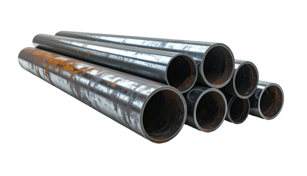 Stacked, rusty metal pipes against a dark background