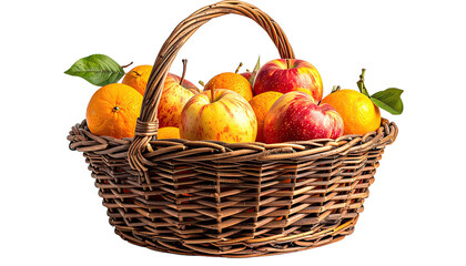 Wicker basket filled with oranges, apples, and green leaves