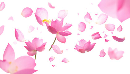 Pink lotuses & petals float gently against a black background