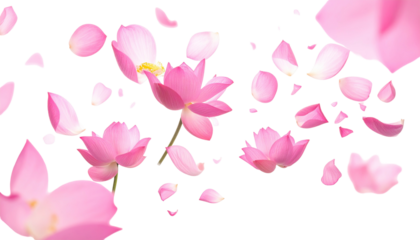 Pink lotuses & petals float gently against a black background