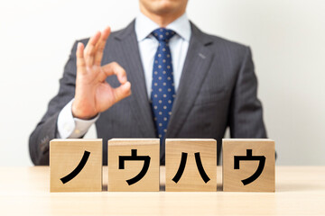 「ノウハウ」と書かれたブロックとOKポーズをするビジネスマン