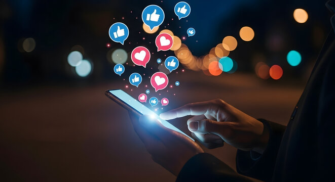 A person using a smartphone with social media 'Like' and 'Heart' notification icons floating from the screen at night.