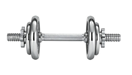 Shiny metallic dumbbell with adjustable weights on black