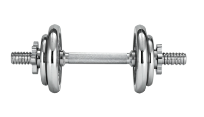 Shiny metallic dumbbell with adjustable weights on black