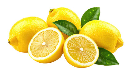Lemons, half-cut, with green leaves on black background