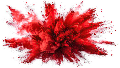 Vivid crimson powder burst on black, cloudlike, abstract