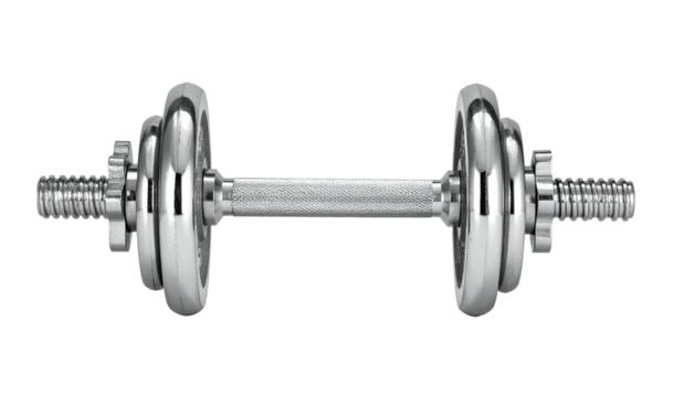 Shiny metallic dumbbell with adjustable weights on black