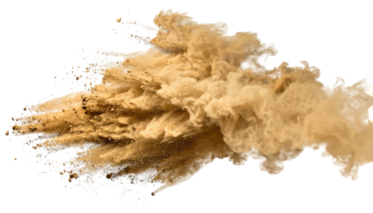 Beige cloud of powder dust exploding outwards into black void