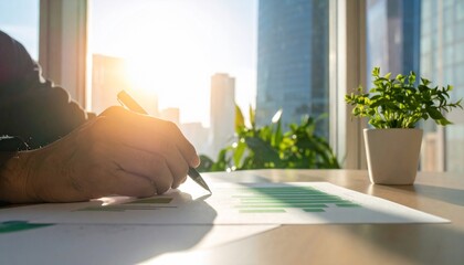Business professional at desk analyzing financial report with cityscape in background view
