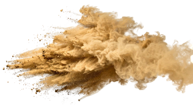 Beige cloud of powder dust exploding outwards into black void