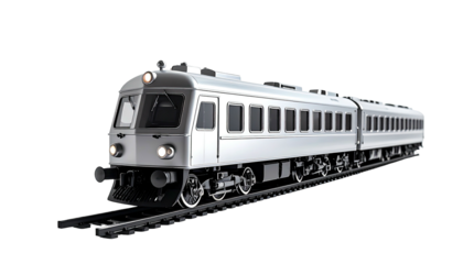 Silver passenger train on tracks, isolated against black backdrop