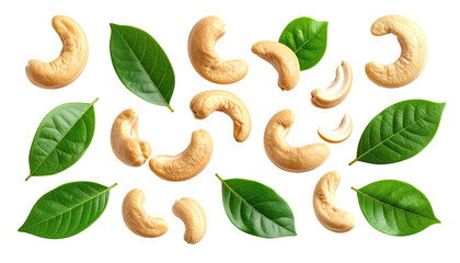 Cashews with green leaves arranged on a stark black background